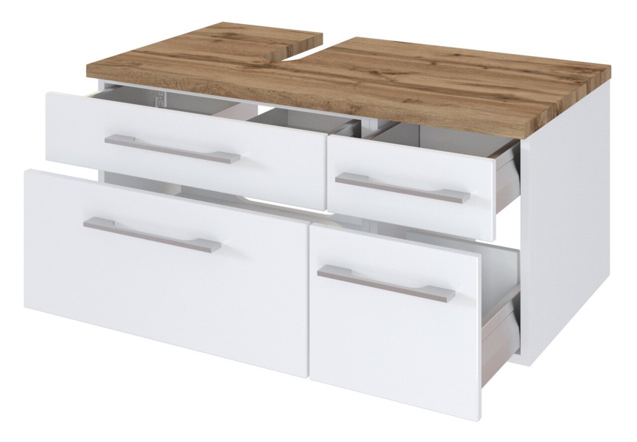 XORA Waschbeckenunterschrank links DAVOS Moderner Waschbeckenunterschrank mit vier Schubladen, weißem Korpus und Holzoberfläche, perspektivisch von vorne links gezeigt.