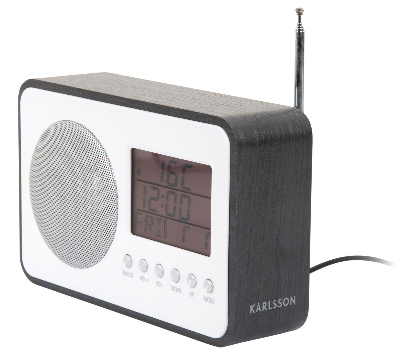 Digitaler Radio Wecker mit Holzoptik, seitliche Perspektive