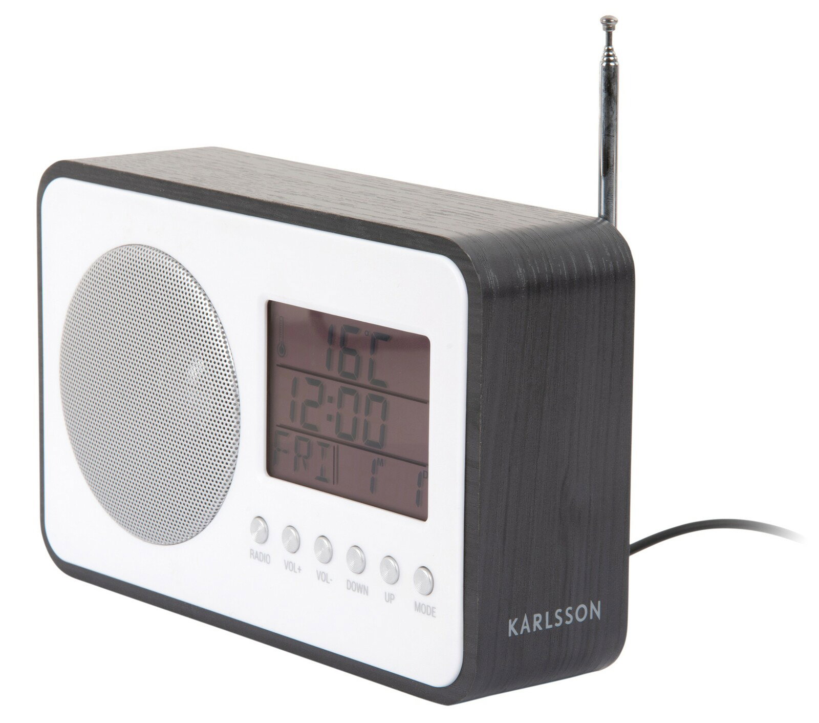 Digitaler Radio Wecker mit Holzoptik, seitliche Perspektive