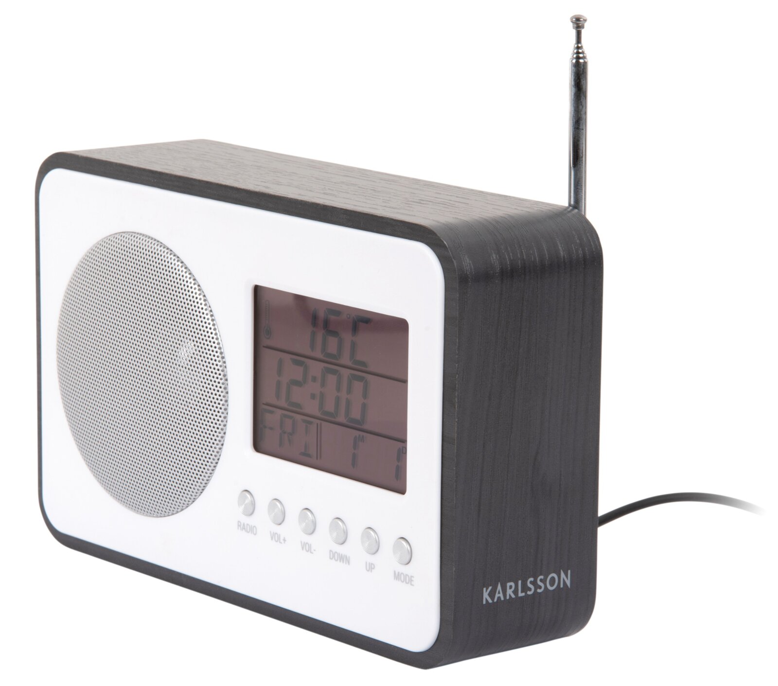 Digitaler Radio Wecker mit Holzoptik, seitliche Perspektive