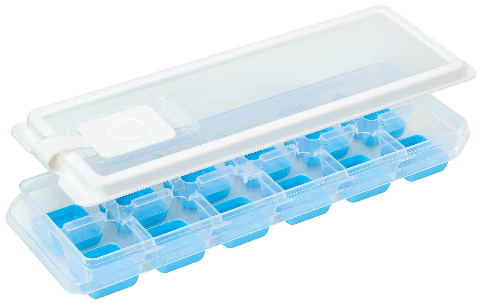 Eiswürfelform CUBO PLUS aus transparentem Kunststoff mit blauem Einsatz und weißem Deckel, seitliche Perspektive