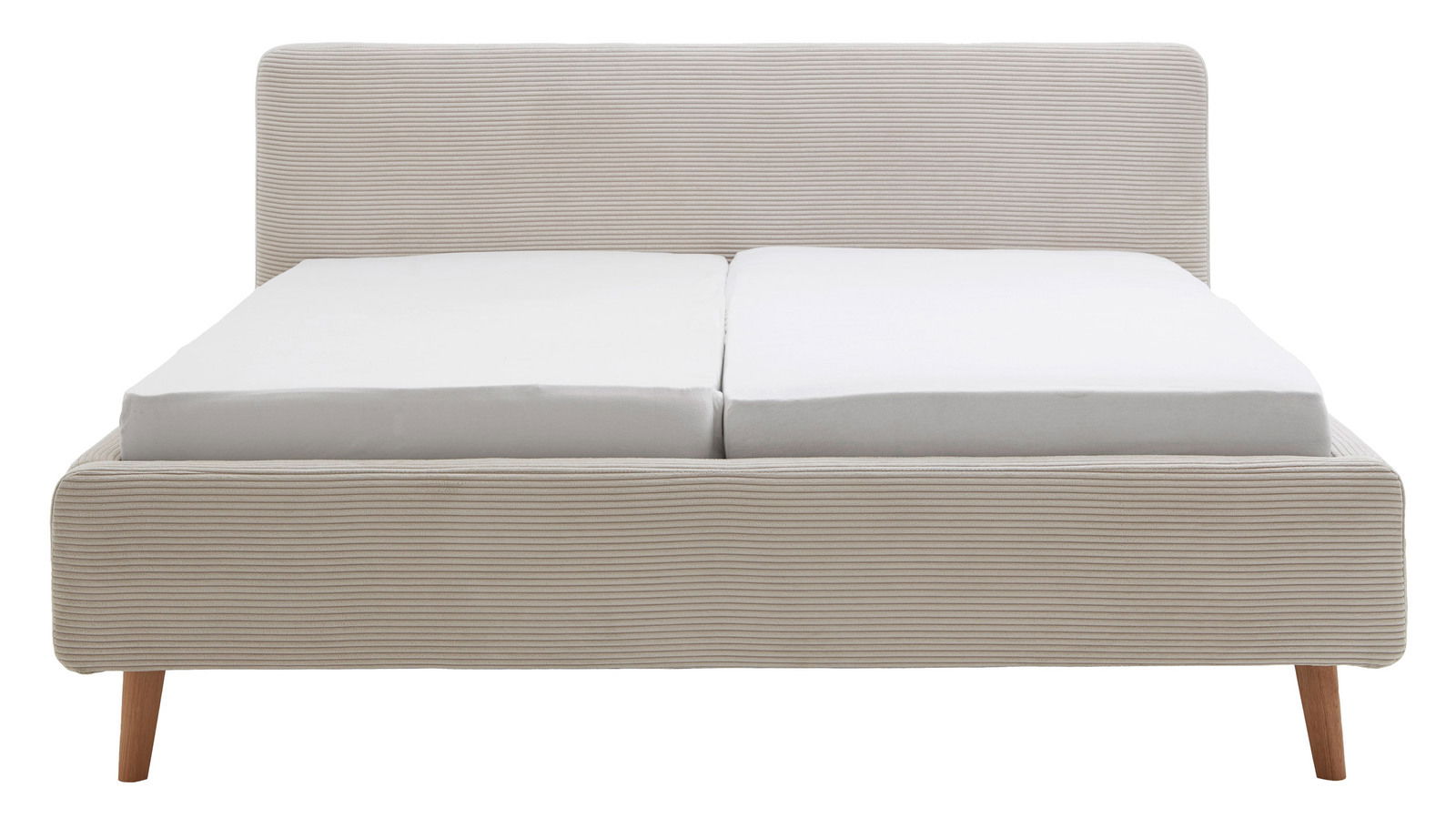 Frontale Ansicht eines modernen Polsterbetts mit hellgrauem Stoffbezug und Holzfüßen.