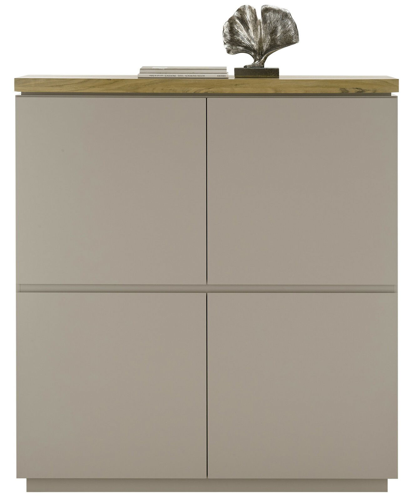 Frontansicht eines modernen Highboards mit vier Türen, einer Holzplatte oben und dekorativen Elementen.