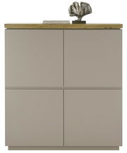 Frontansicht eines modernen Highboards mit vier Türen, einer Holzplatte oben und dekorativen Elementen.