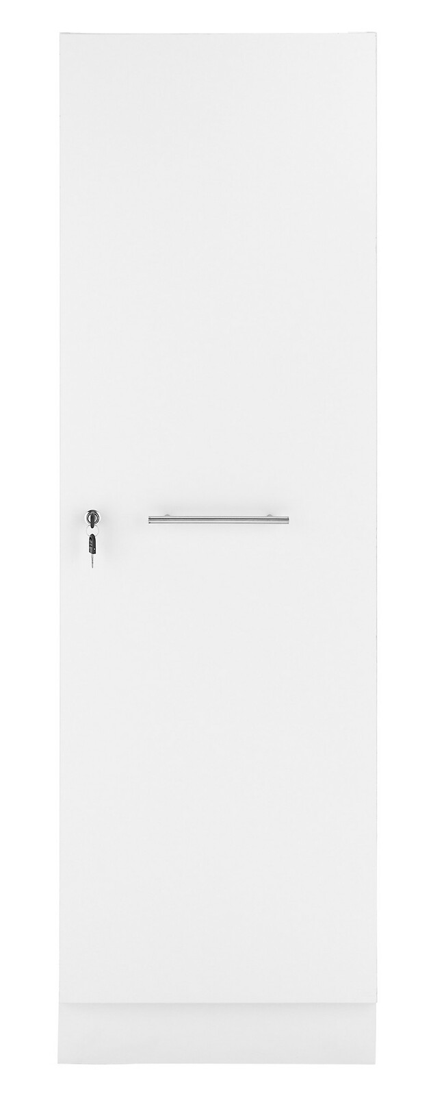 Weiße Schranktür mit silbernem Griff und Schloss, Frontalansicht