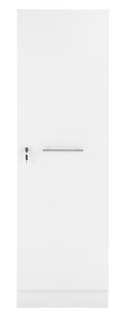 Weiße Schranktür mit silbernem Griff und Schloss, Frontalansicht