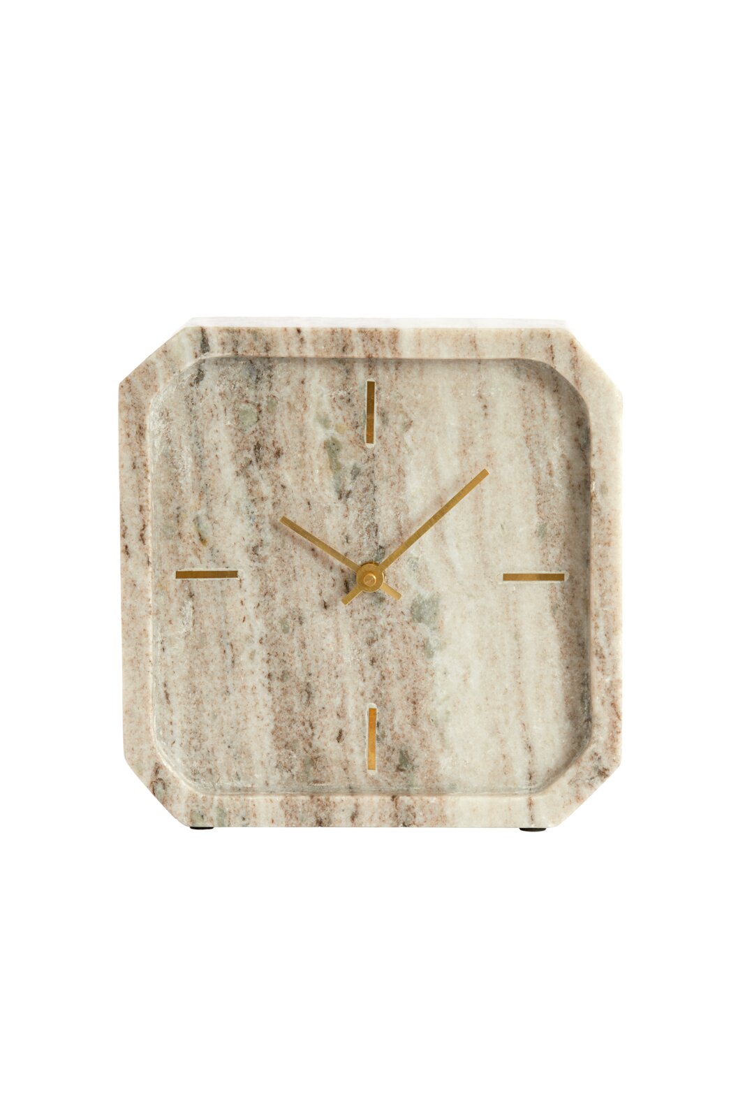 Quadratische Tischuhr aus Marmor mit goldenen Zeigern und minimalistischen Markierungen, Frontalansicht