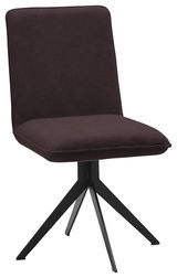 Moderner Stuhl mit schwarzem Metallgestell und dunkelbraunem Polstersitz, seitliche Perspektive