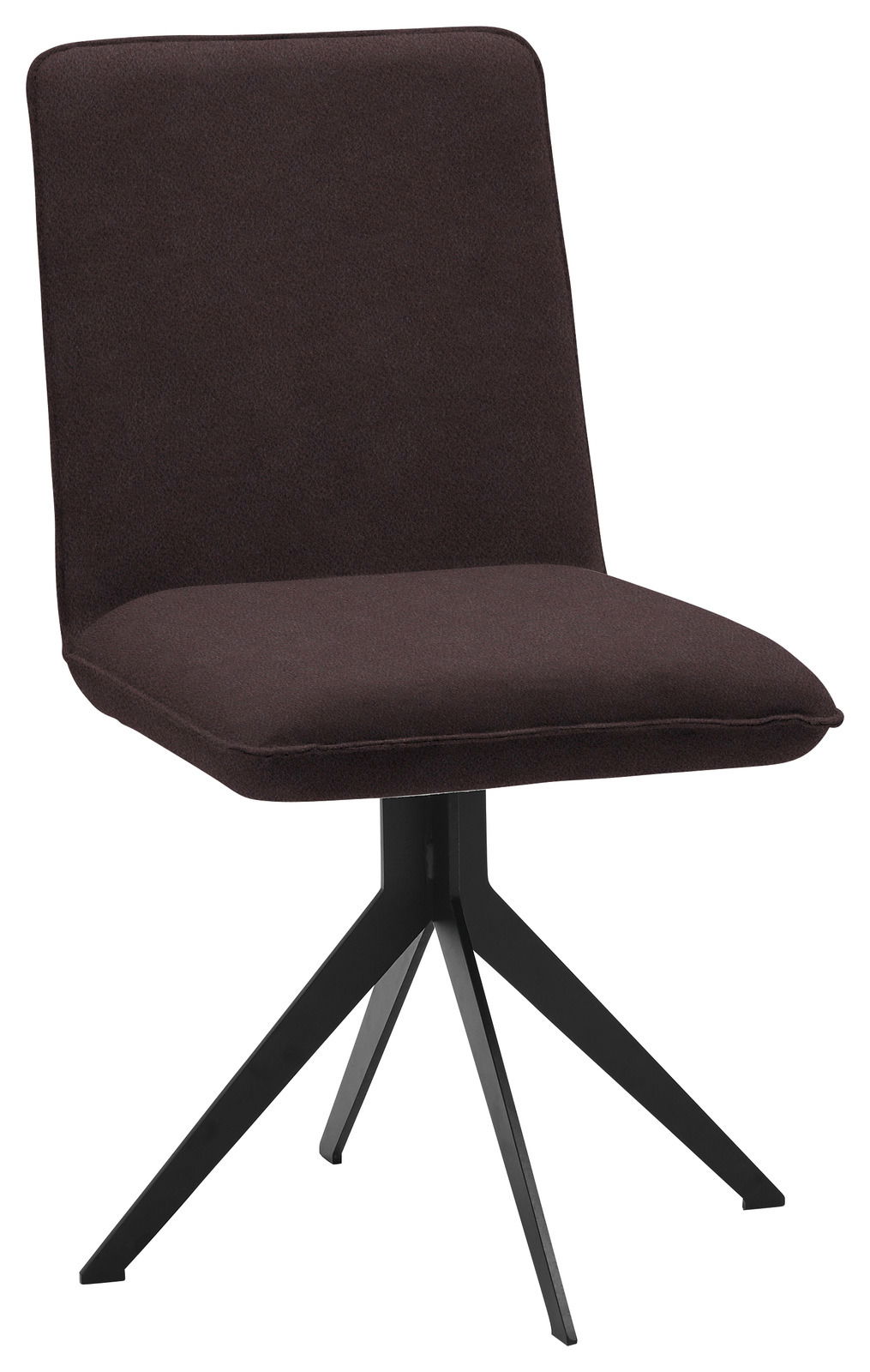 Moderner Stuhl mit schwarzem Metallgestell und dunkelbraunem Polstersitz, seitliche Perspektive