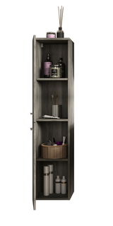 Moderner Hängeschrank mit geöffneter Tür, gefüllt mit Pflegeprodukten und Accessoires, aus dunklem Holz, Frontalansicht.