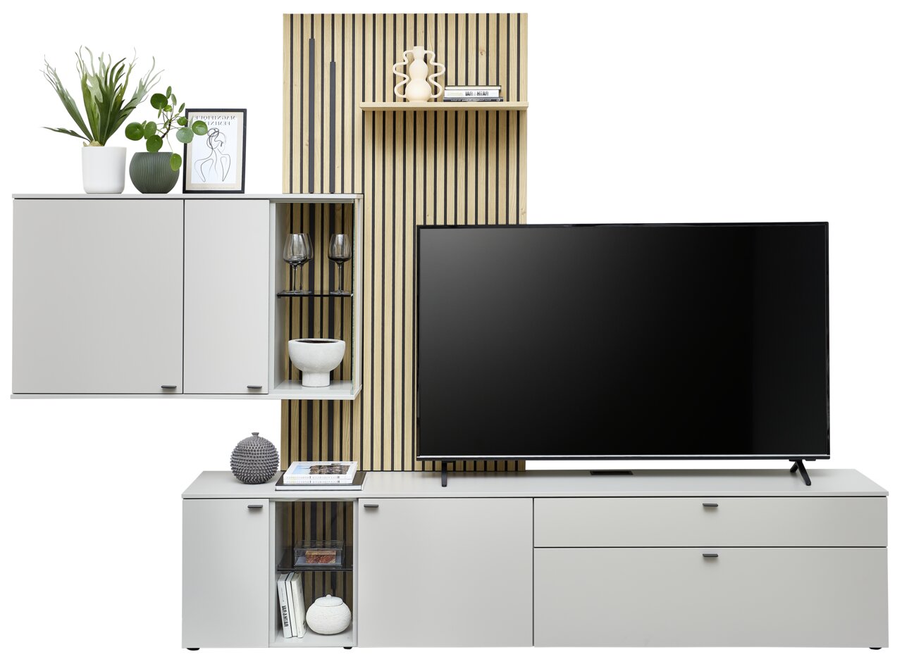 Moderne wandcombinatie met tv-kast, hangkast en decoratieve elementen, gezien vanaf de voorkant.