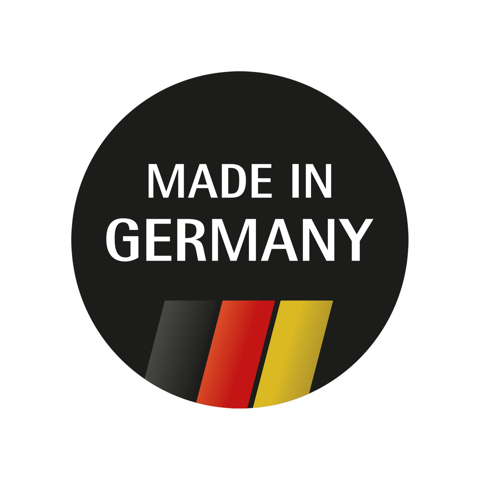 Rundes Logo mit der Aufschrift 'Made in Germany' und den Farben der deutschen Flagge, von vorne betrachtet.