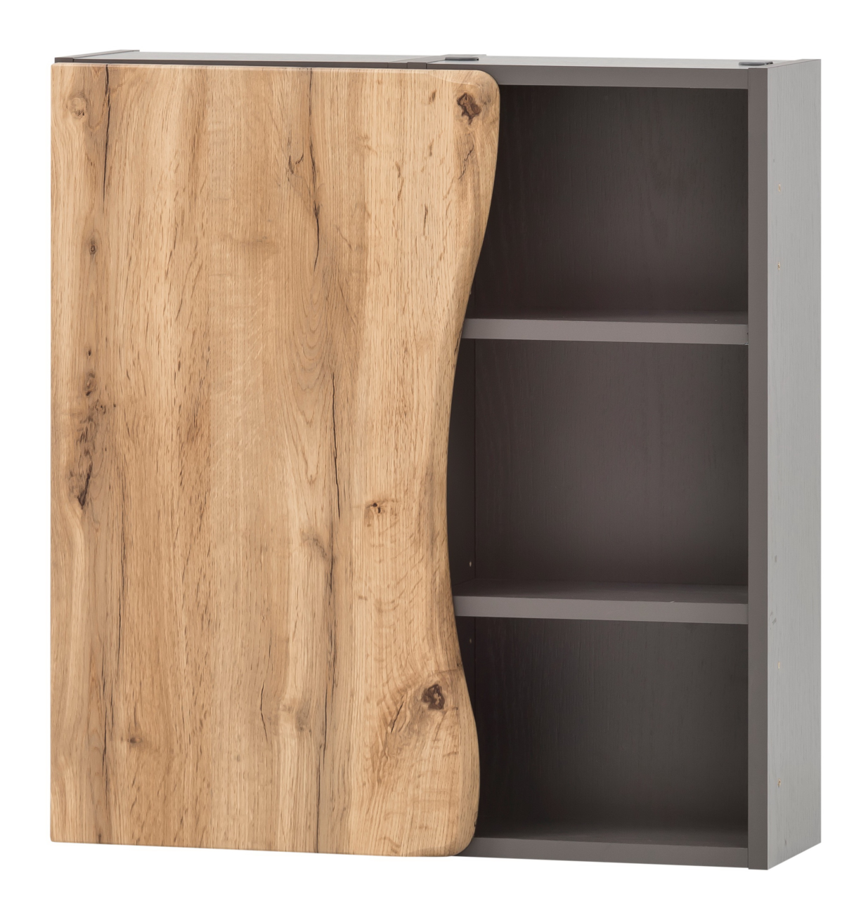 Hängeschrank 60 mit natürlicher Holzmaserung und offener Seite, seitliche Perspektive