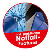Nahaufnahme eines blauen Handstaubsaugers mit Notfall-Features, inklusive Glasbrecher und Sicherheitsgurt-Schneider, auf rotem Hintergrund.