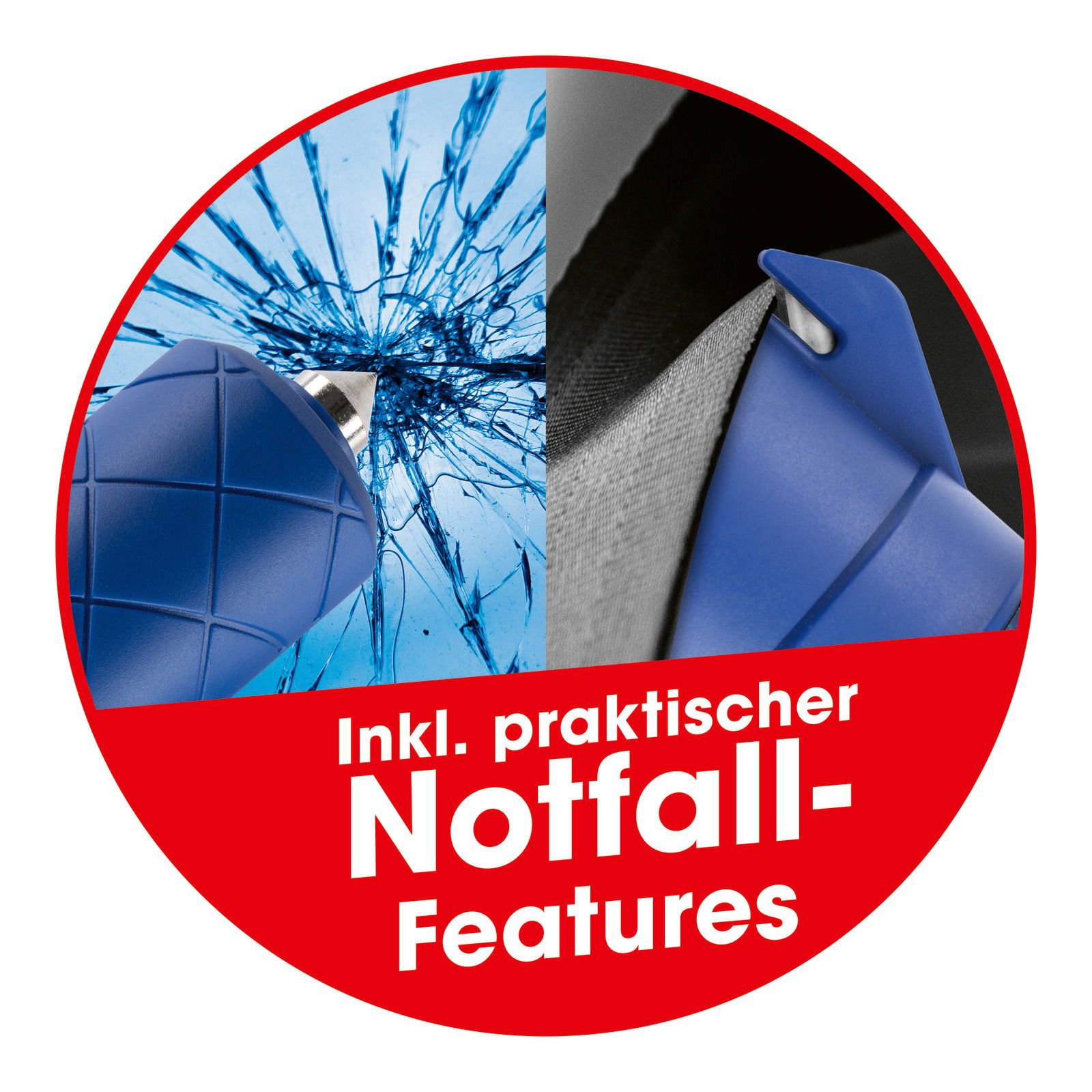 Nahaufnahme eines blauen Handstaubsaugers mit Notfall-Features, inklusive Glasbrecher und Sicherheitsgurt-Schneider, auf rotem Hintergrund.