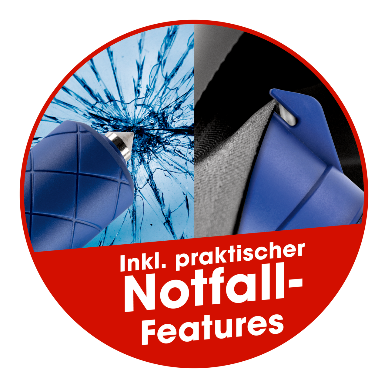 Nahaufnahme eines blauen Handstaubsaugers mit Notfall-Features, inklusive Glasbrecher und Sicherheitsgurt-Schneider, auf rotem Hintergrund.