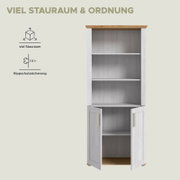 Frontansicht eines hohen, weiß-grau gemaserten Holzschranks mit naturfarbener Deckplatte, geöffneten Doppeltüren und mehreren Regalböden; Hinweisgrafik zu viel Stauraum und Kippschutzsicherung