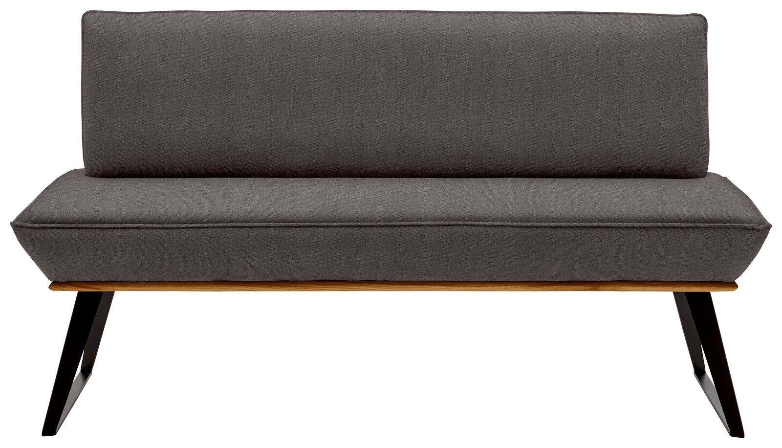 Graue Bank mit Holz- und Metallbeinen, Vorderansicht