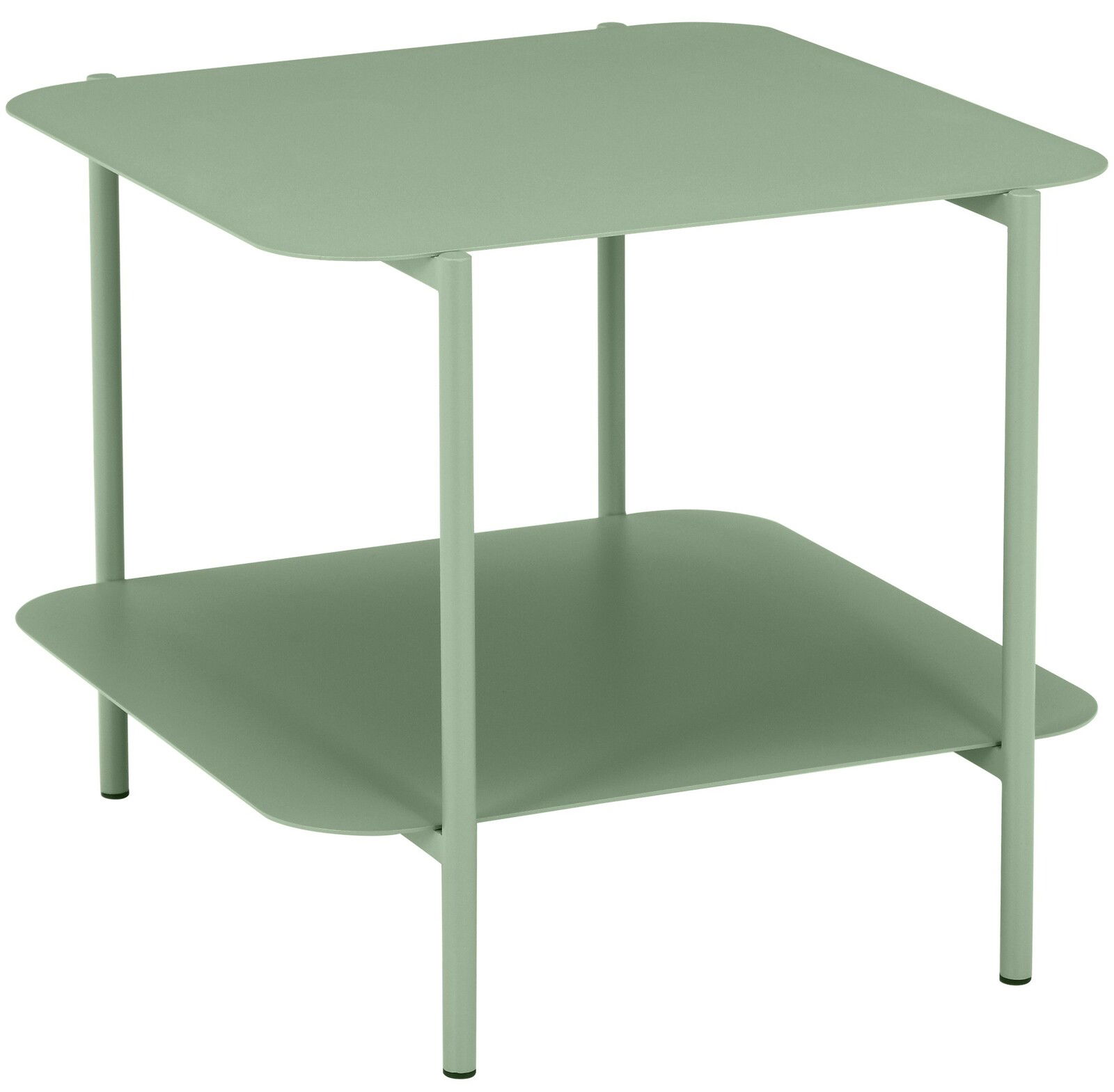 Z2 Beistelltisch JOCHEN Moderner, zweistöckiger Beistelltisch aus Metall in hellem Grün, seitliche Perspektive