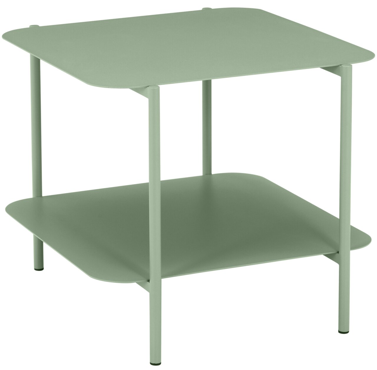 Moderner, zweistöckiger Beistelltisch aus Metall in hellem Grün, seitliche Perspektive