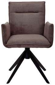 Vorderansicht eines modernen Armlehnstuhls mit braunem, geripptem Stoffbezug und schwarzem Metallgestell.