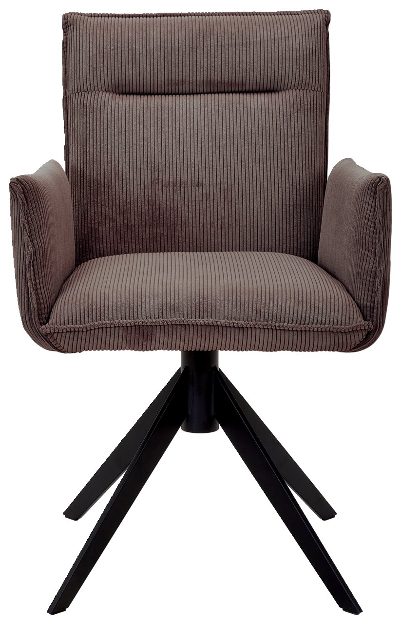 Vorderansicht eines modernen Armlehnstuhls mit braunem, geripptem Stoffbezug und schwarzem Metallgestell.