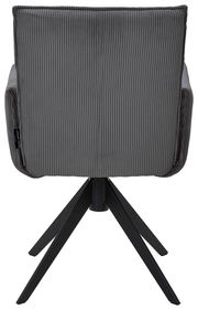 Rückansicht eines grauen Armlehnstuhls mit geripptem Stoffbezug und schwarzem Metallgestell.