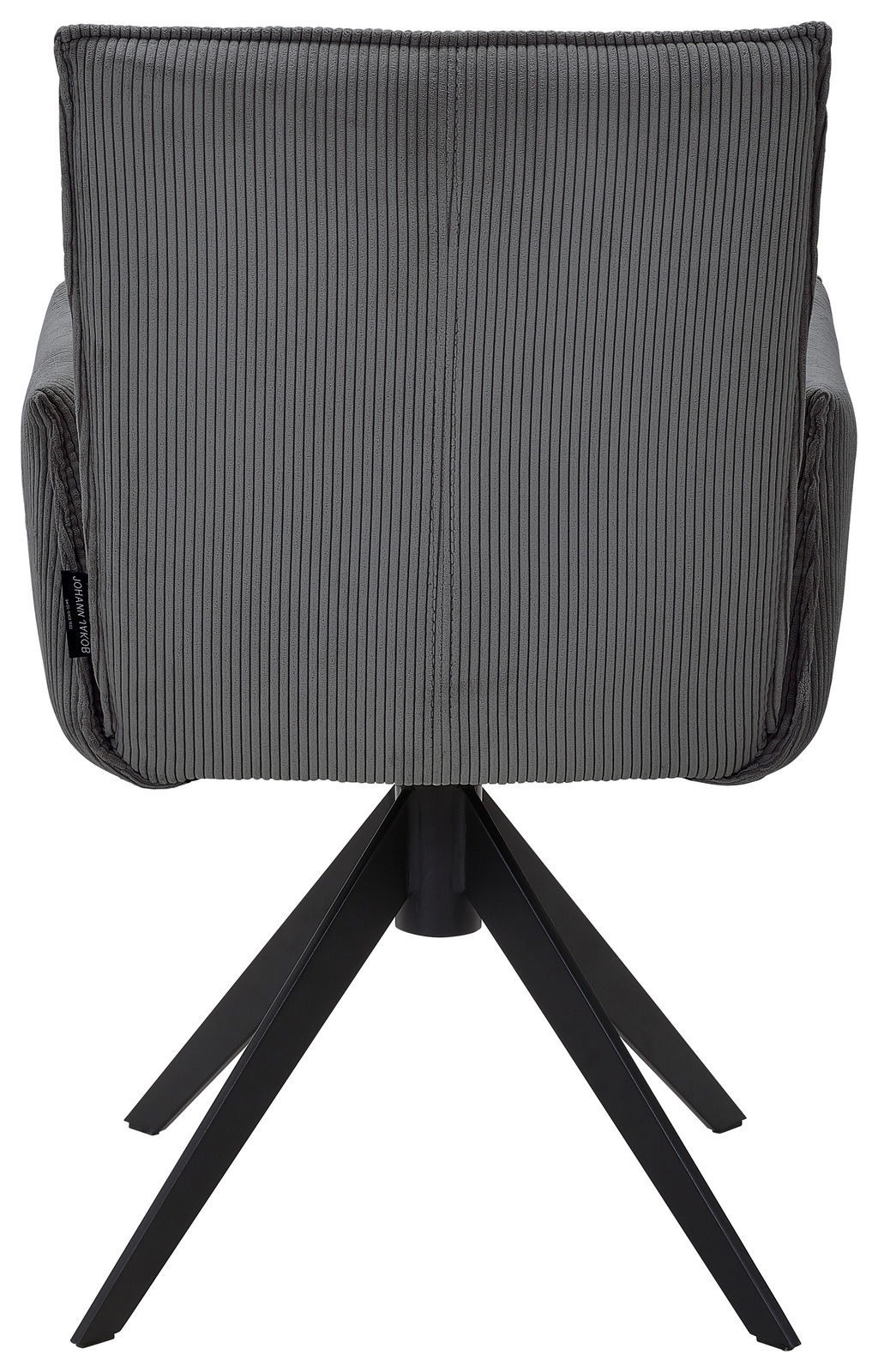 Johann Jakob Armlehnstuhl CALAS Rückansicht eines grauen Armlehnstuhls mit geripptem Stoffbezug und schwarzem Metallgestell.