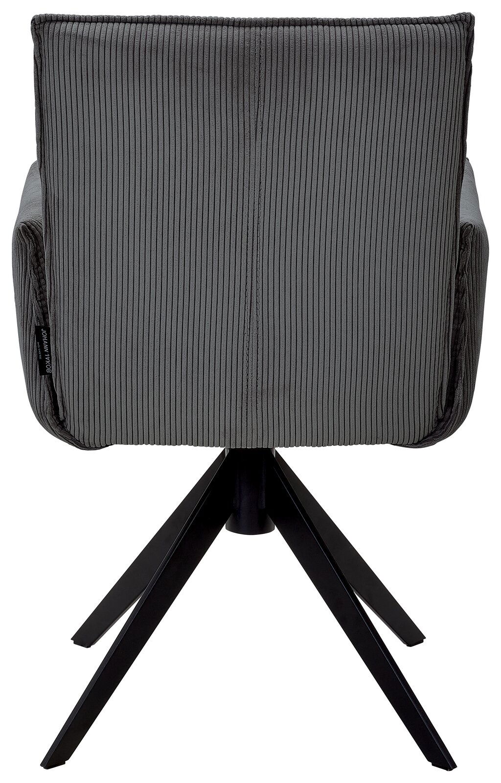 Johann Jakob Armlehnstuhl CALAS Rückansicht eines grauen Armlehnstuhls mit geripptem Stoffbezug und schwarzem Metallgestell.