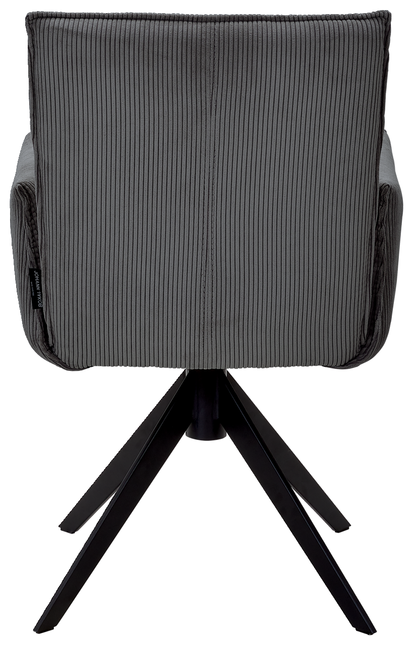 Johann Jakob Armlehnstuhl CALAS Rückansicht eines grauen Armlehnstuhls mit geripptem Stoffbezug und schwarzem Metallgestell.