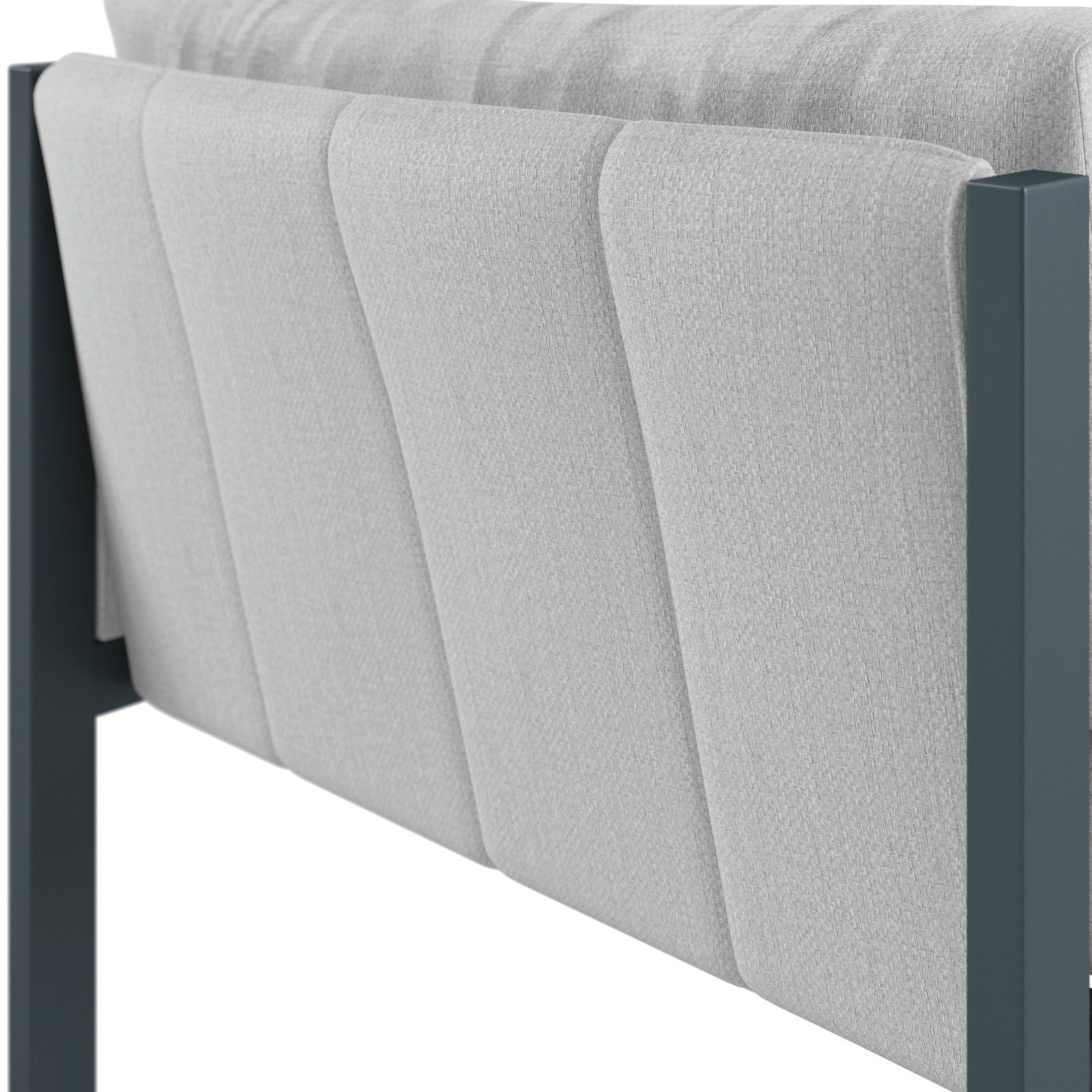 Rückansicht eines Lounge-Sofas mit Armteil rechts, grauer Stoffbezug und dunkles Gestell.