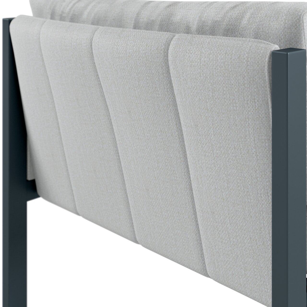 Achterkant van een loungebank met armleuning aan de rechterkant, grijze stoffen bekleding en een donker frame.