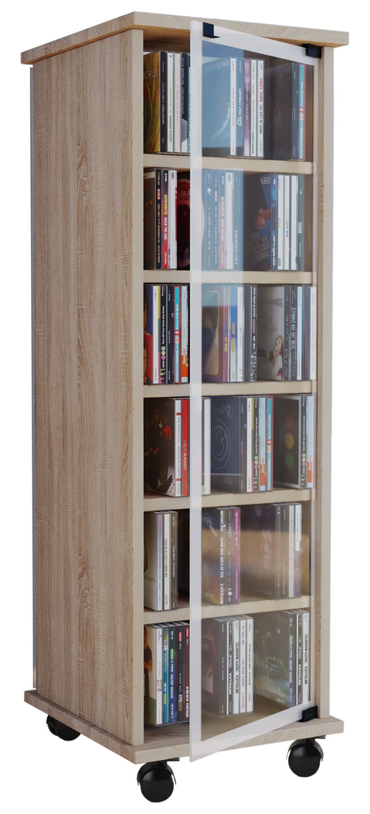Hohes CD/DVD-Aufbewahrungsregal in heller Holzoptik mit Glasfronttür und Rollen, gefüllt mit Medienhüllen, in schräger Frontansicht (3/4-Perspektive) vor weißem Hintergrund