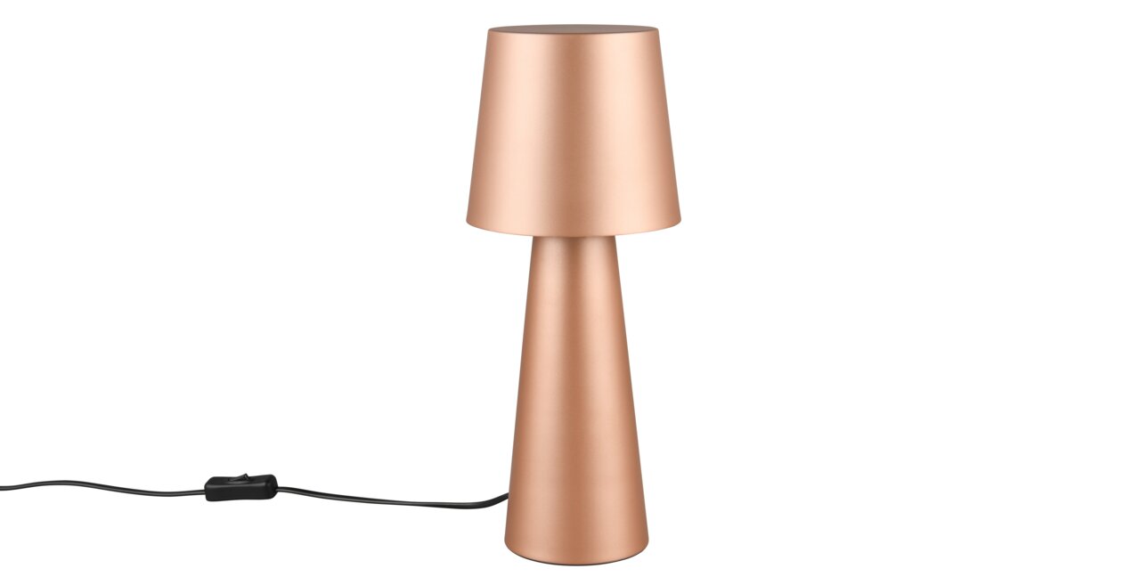 Kupferfarbene Tischleuchte Nubian in konischer Form, seitliche Perspektive