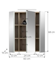 Weißer Spiegelschrank mit drei Türen, geöffnet und Innenfächern in Holzoptik, mit Maßangaben (ca. 60 cm breit, 68 cm hoch, 19 cm tief) und 3-kg-Fachbelastung, Frontansicht leicht schräg von vorn.