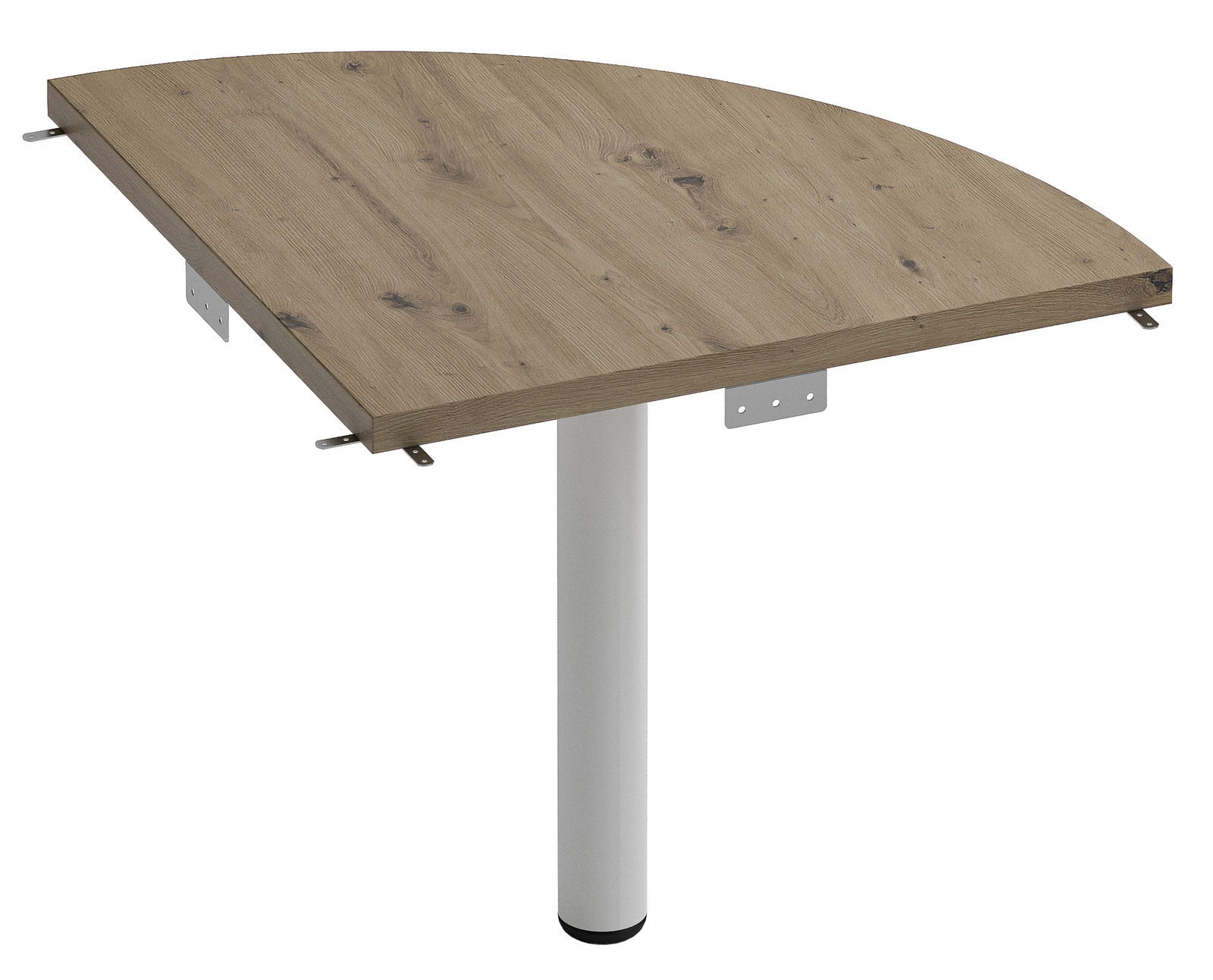 Eckverbindungsplatte aus Holz mit Metallhalterungen und einem weißen Tischbein, perspektivisch von oben rechts betrachtet.