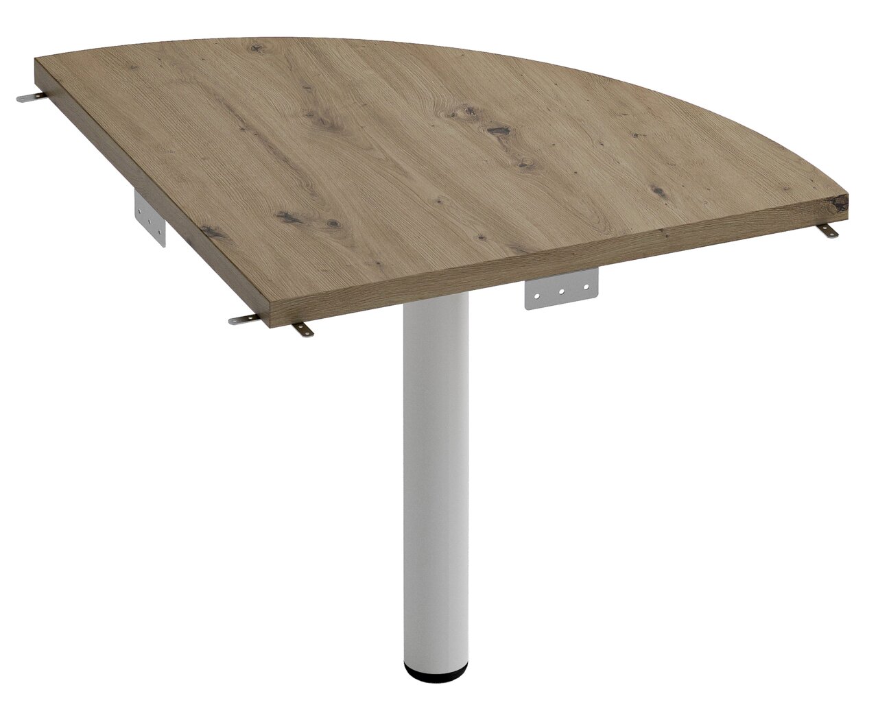 Eckverbindungsplatte aus Holz mit Metallhalterungen und einem weißen Tischbein, perspektivisch von oben rechts betrachtet.