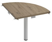 Eckverbindungsplatte aus Holz mit Metallhalterungen und einem weißen Tischbein, perspektivisch von oben rechts betrachtet.