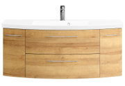 Moderne wastafel met houtlook en witte wasbak, vooraanzicht