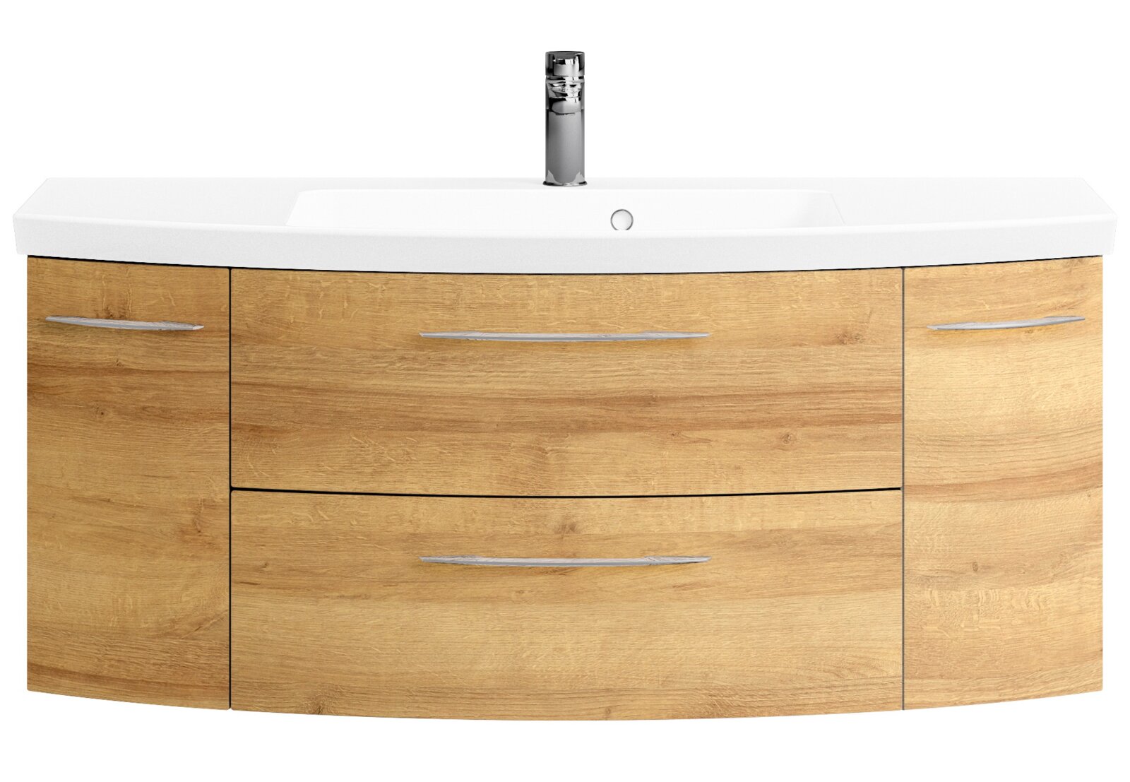 Moderne wastafel met houtlook en witte wasbak, vooraanzicht