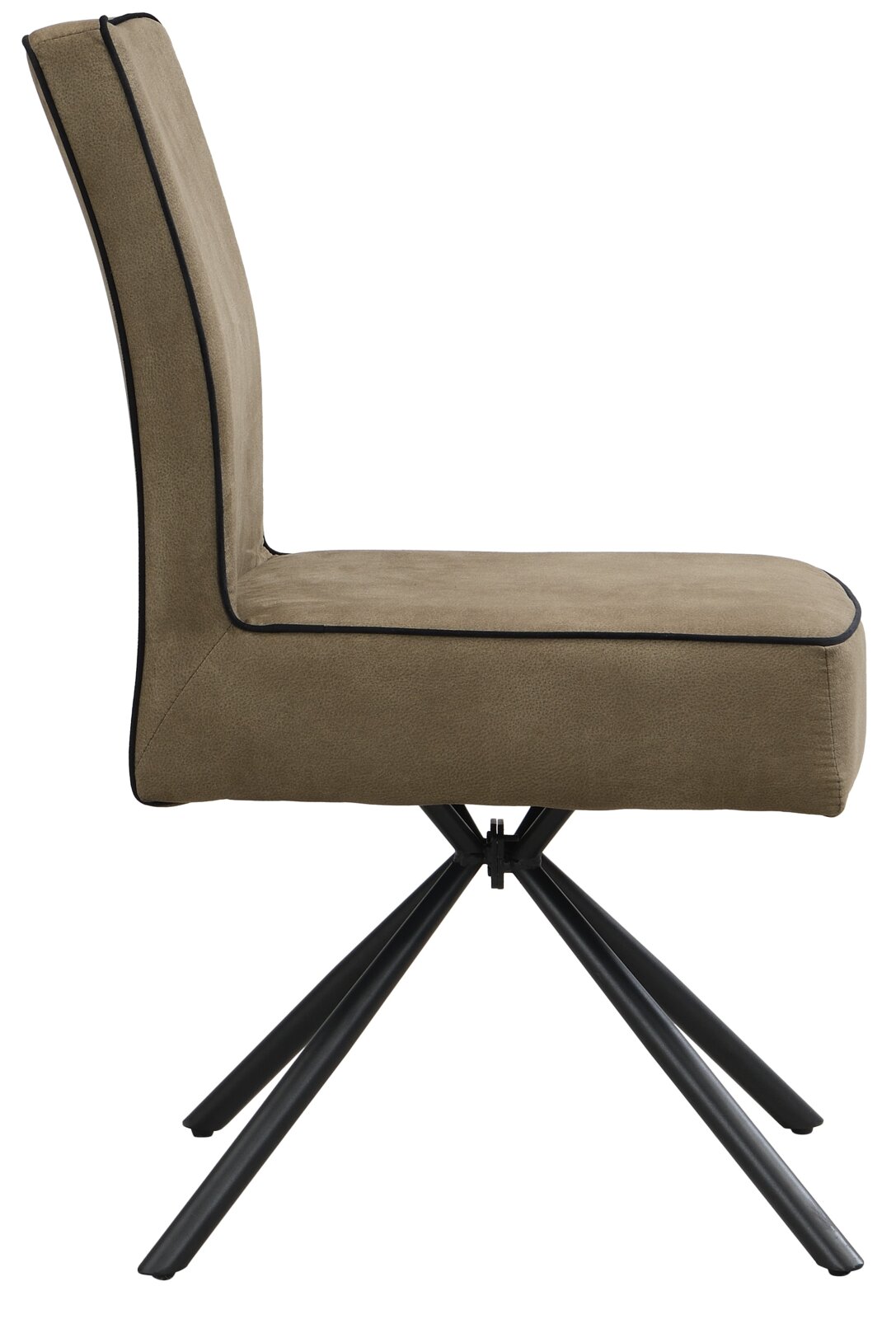Moderne stoel in zijaanzicht met bruine bekleding en een zwart metalen frame.