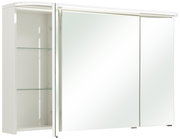Spiegelschrank mit zwei Schiebetüren, teilweise geöffnet, zeigt Glasregale im Inneren, Perspektive von vorne links