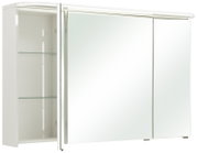 Spiegelkast met twee schuifdeuren, gedeeltelijk geopend, met zicht op de glazen planken binnenin, gezien vanaf links vooraan