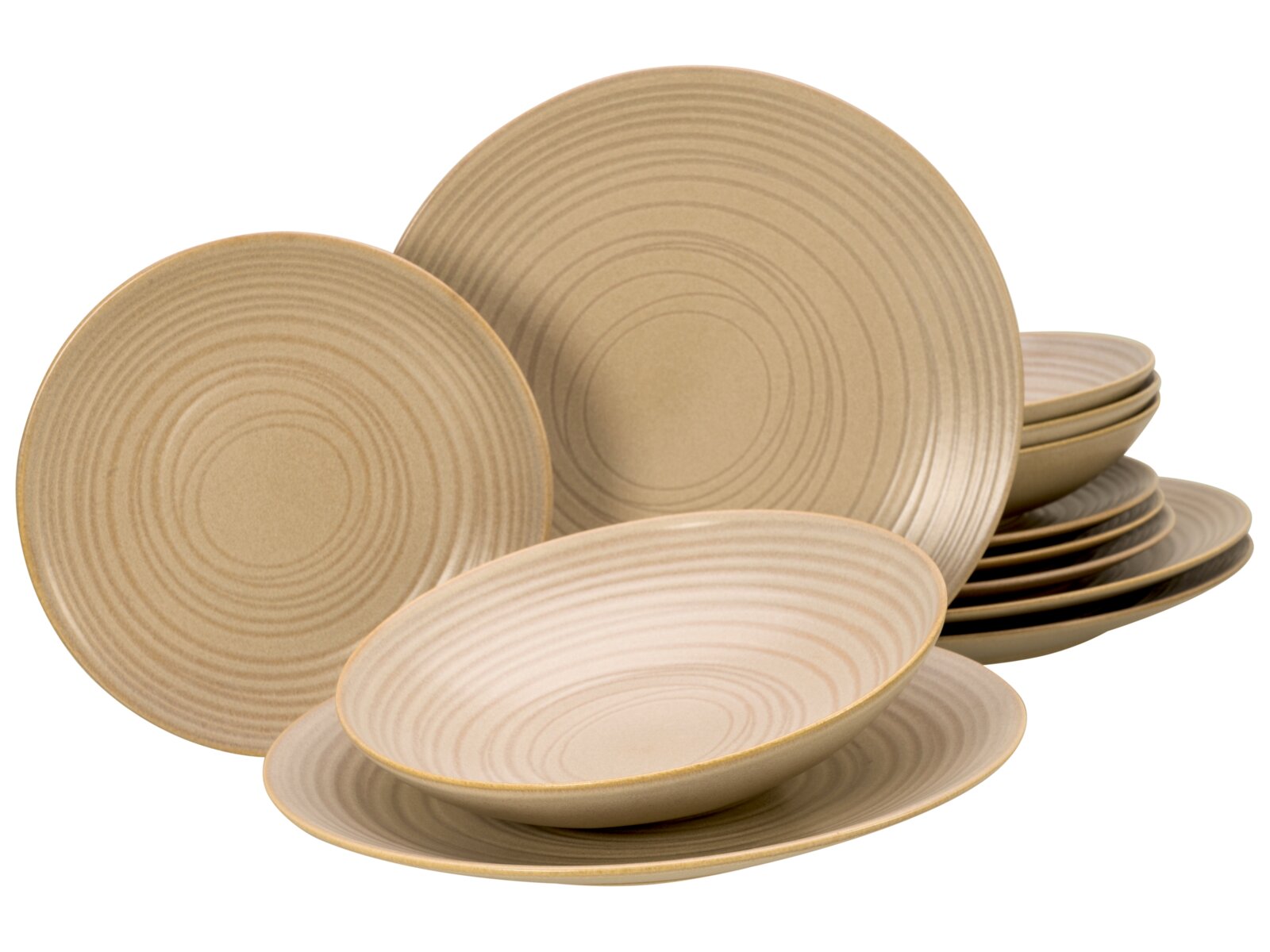Creatable Tellerset 12-tlg LAVA STONE Beiges Keramik-Geschirrset mit konzentrischem Ringdekor, bestehend aus großen und kleinen Tellern sowie Schalen, in schräger Vorderansicht vor weißem Hintergrund.