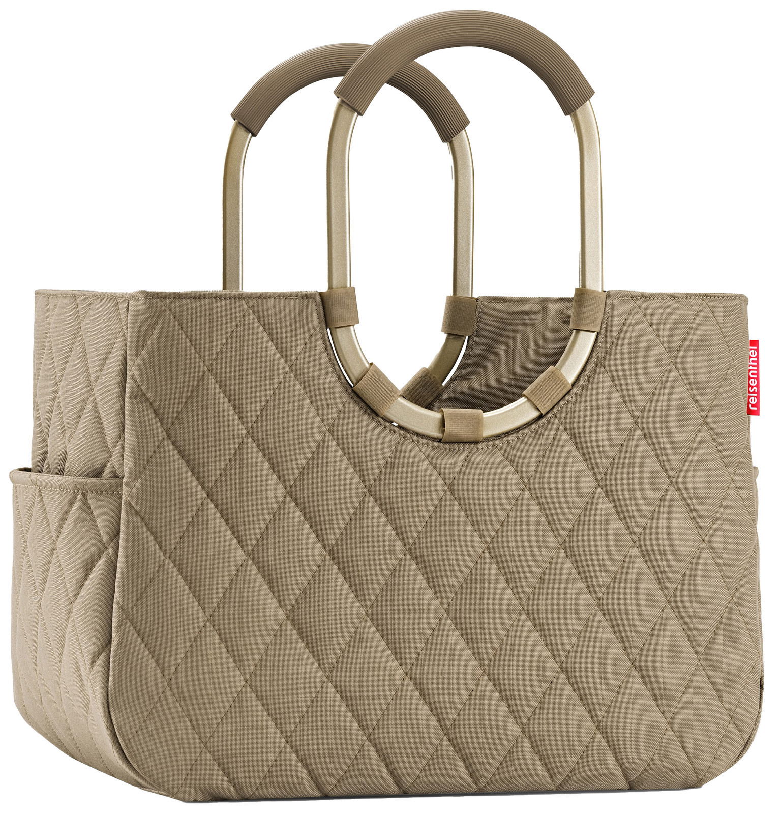 Beige, gesteppte Einkaufstasche mit ovalen Griffen, seitliche Perspektive