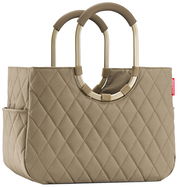 Beige, gesteppte Einkaufstasche mit ovalen Griffen, seitliche Perspektive