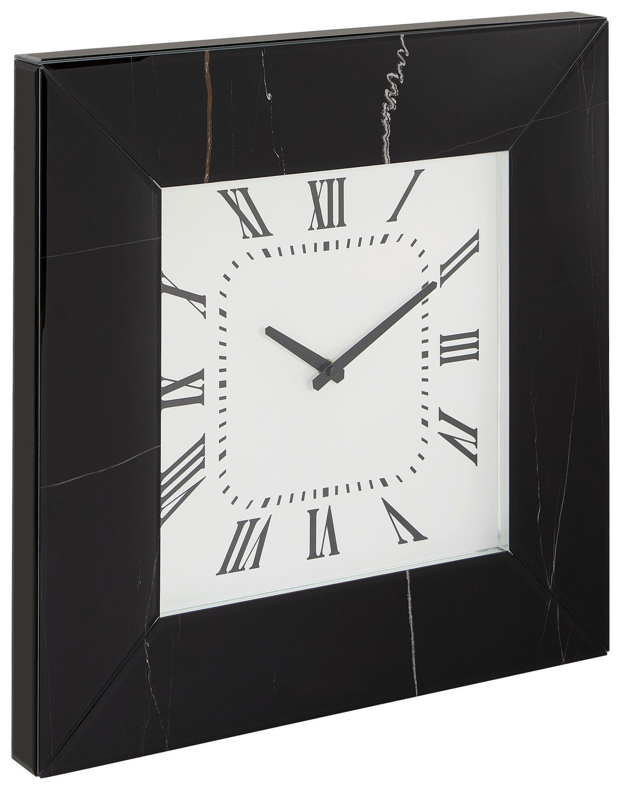 XORA Wanduhr BRONX Schwarze quadratische Wanduhr mit römischen Ziffern und schwarzem Rahmen, seitliche Perspektive