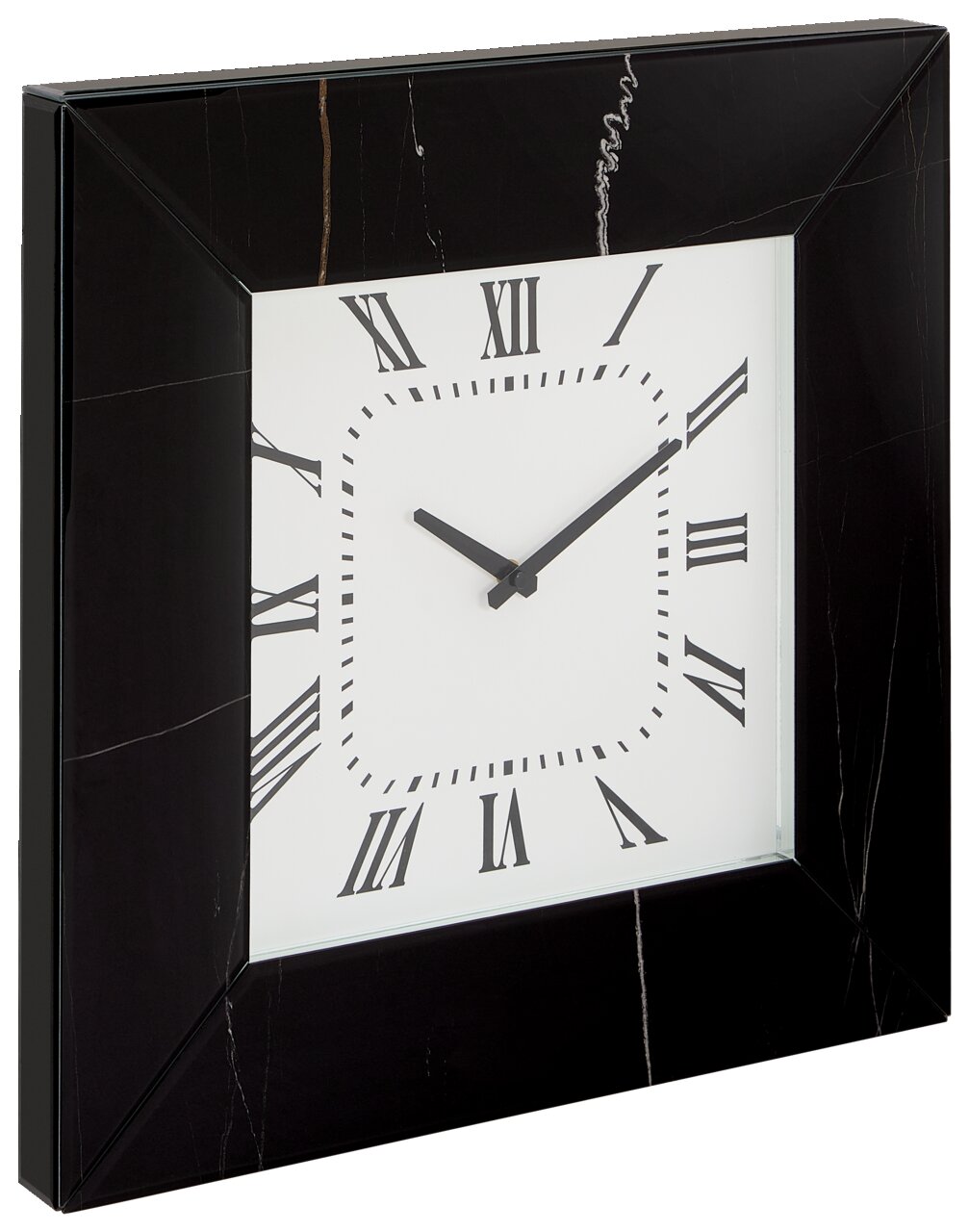 Schwarze quadratische Wanduhr mit römischen Ziffern und schwarzem Rahmen, seitliche Perspektive
