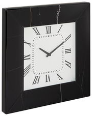Schwarze quadratische Wanduhr mit römischen Ziffern und schwarzem Rahmen, seitliche Perspektive