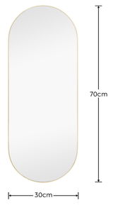 Ovaler Spiegel mit goldfarbenem Rahmen, Maße 30x70 cm, frontal abgebildet.